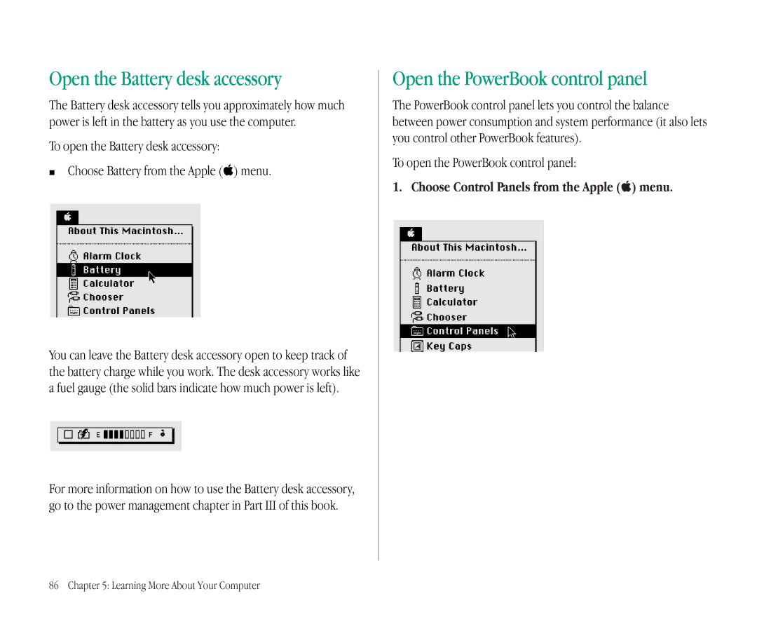 Apple 145B manual Open the Battery desk accessory, Open the PowerBook control panel, To open the PowerBook control panel 