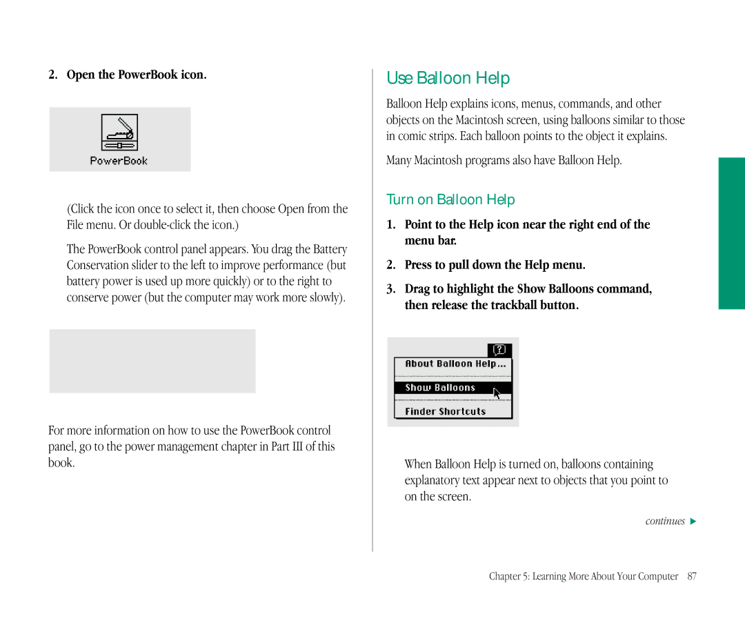 Apple 145B Use Balloon Help, Turn on Balloon Help, Open the PowerBook icon, Many Macintosh programs also have Balloon Help 