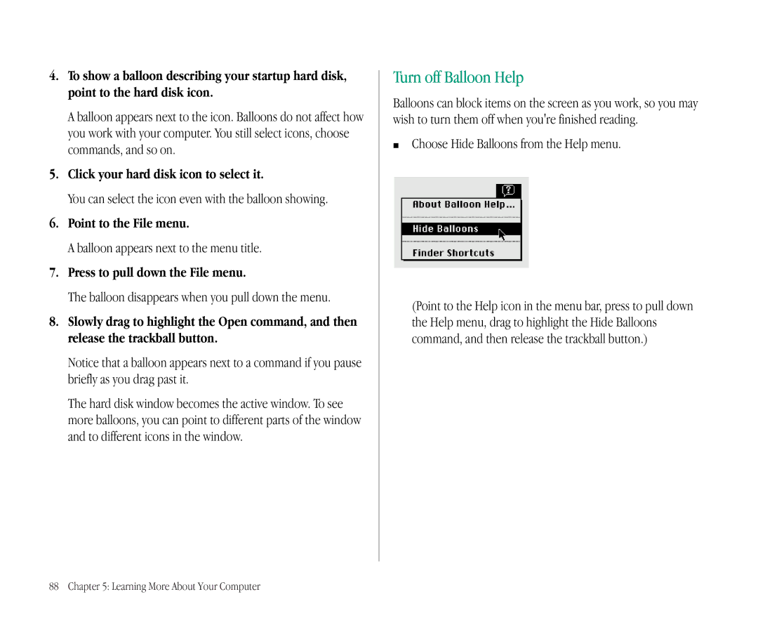 Apple 145B manual Turn off Balloon Help, Click your hard disk icon to select it, Point to the File menu 