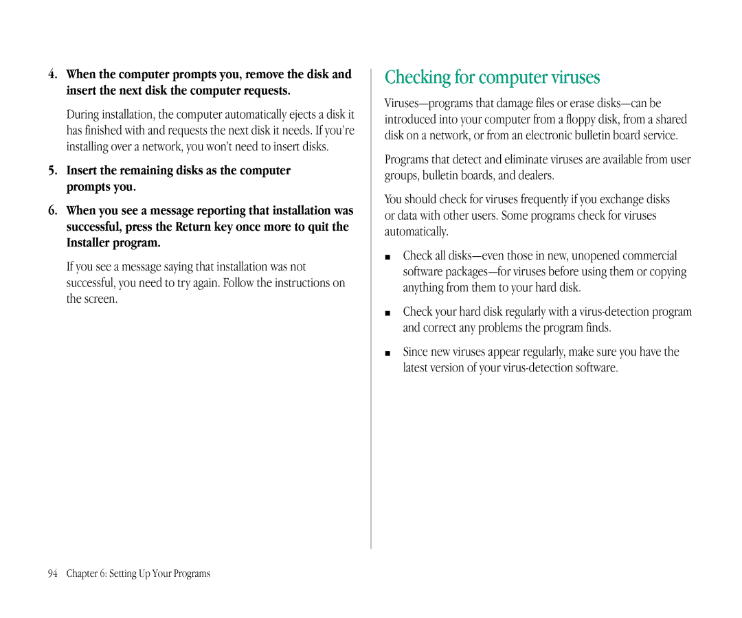 Apple 145B manual Checking for computer viruses, Insert the remaining disks as the computer prompts you 