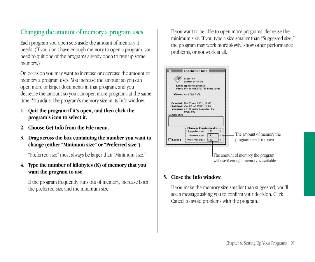 Apple 145B manual Close the Info window, Preferred size must always be larger than Minimum size 