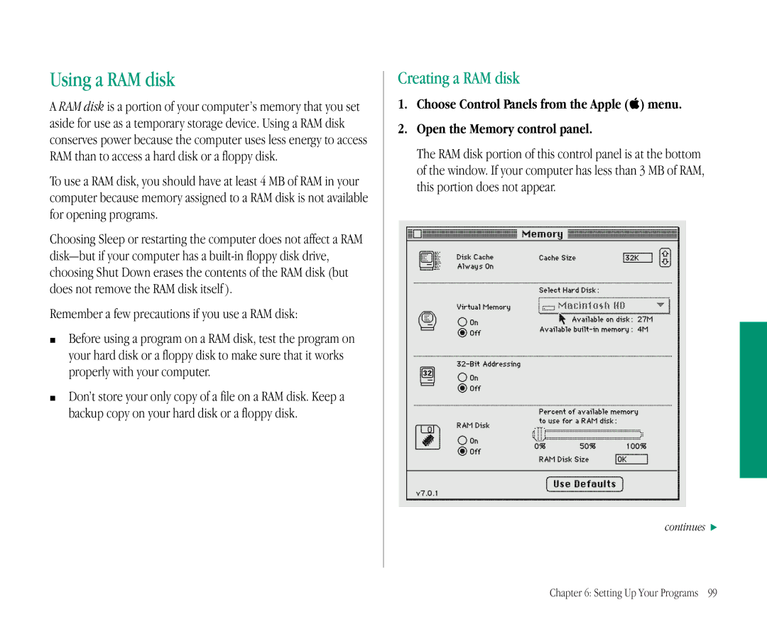 Apple 145B manual Using a RAM disk, Creating a RAM disk, Remember a few precautions if you use a RAM disk 