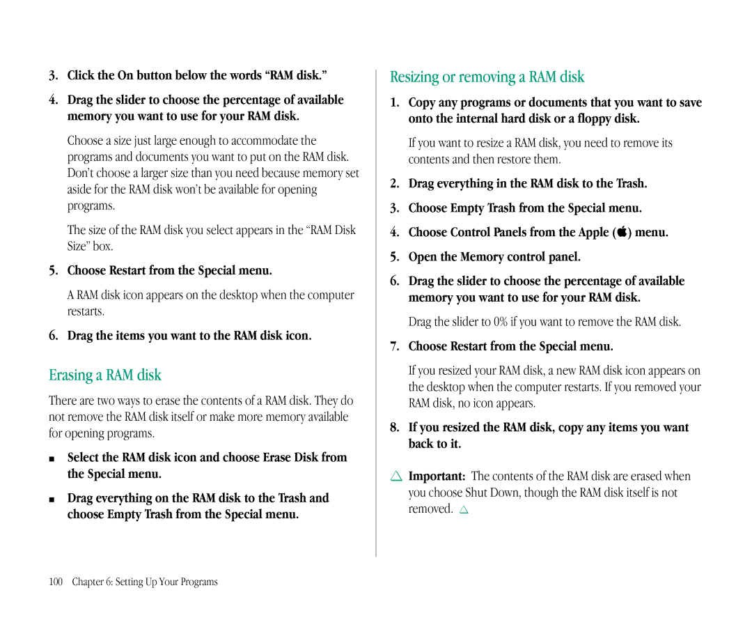Apple 145B manual Erasing a RAM disk, Resizing or removing a RAM disk, Drag the items you want to the RAM disk icon 