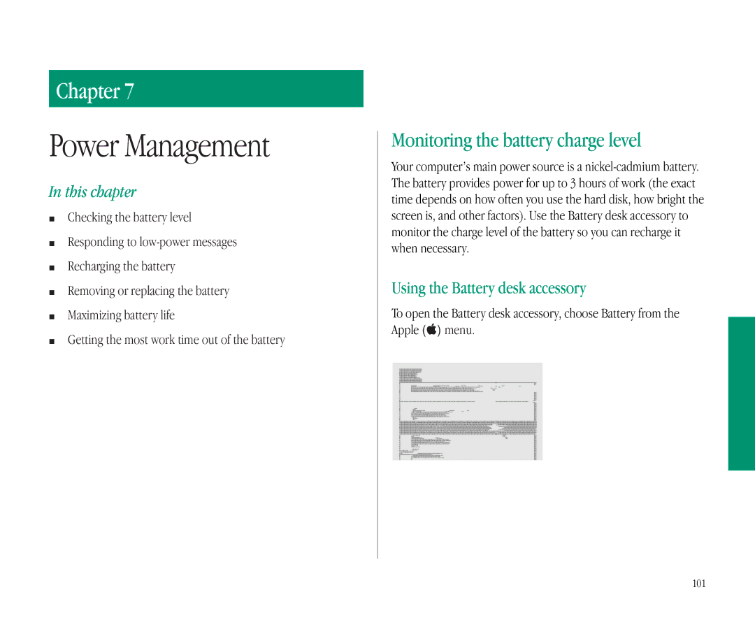 Apple 145B manual Monitoring the battery charge level, Using the Battery desk accessory, 101 