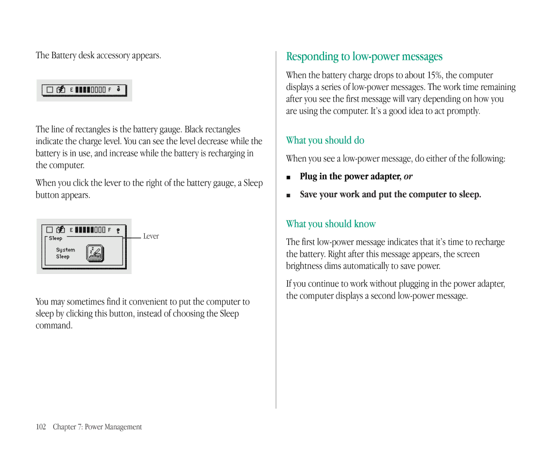 Apple 145B Responding to low-power messages, What you should do, What you should know, Battery desk accessory appears 