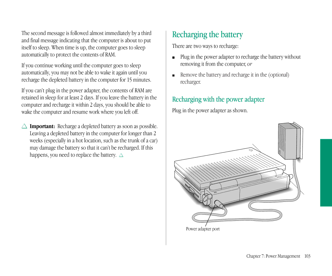 Apple 145B manual Recharging the battery, Recharging with the power adapter, There are two ways to recharge 