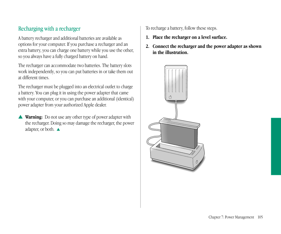 Apple 145B manual Recharging with a recharger, To recharge a battery, follow these steps 