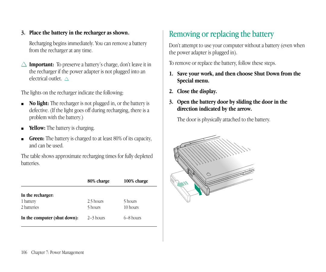 Apple 145B manual Removing or replacing the battery, Place the battery in the recharger as shown, Battery Hours Batteries 