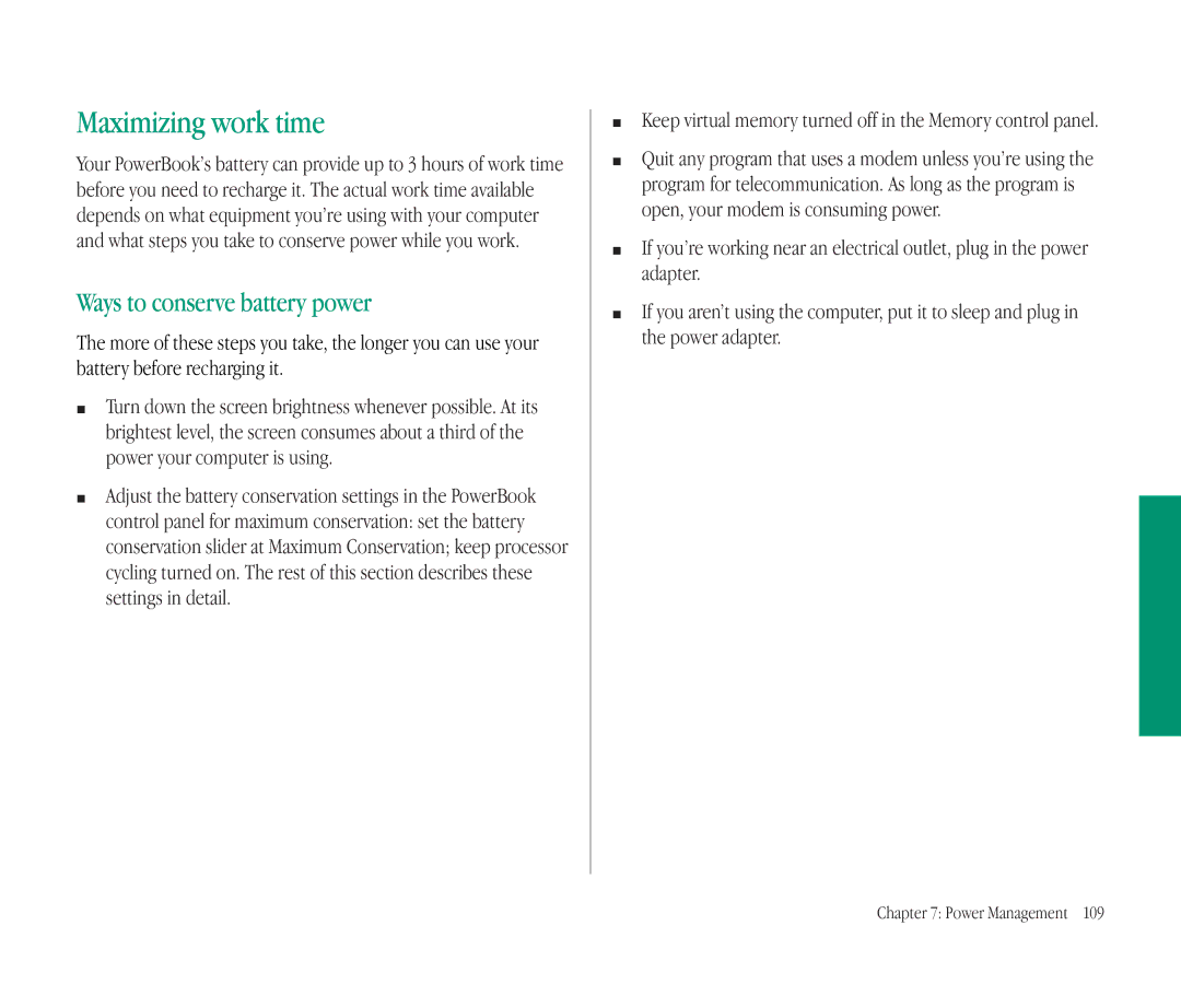 Apple 145B manual Maximizing work time, Ways to conserve battery power 