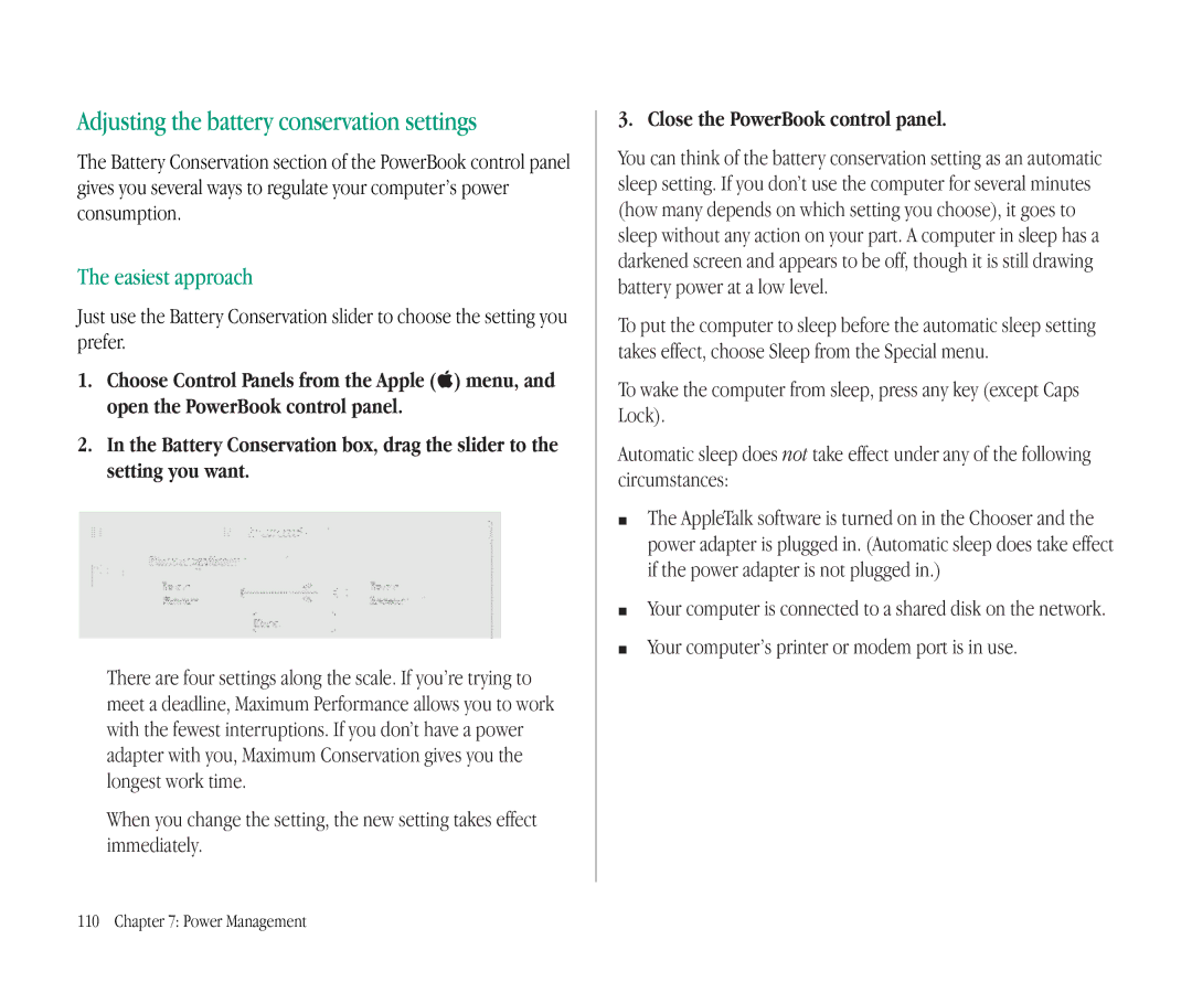 Apple 145B manual Adjusting the battery conservation settings, Easiest approach, Close the PowerBook control panel 