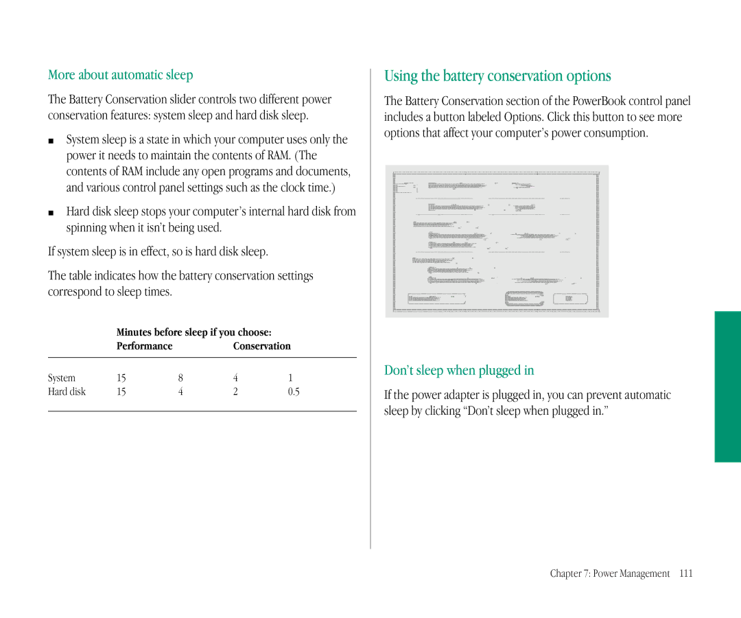 Apple 145B Using the battery conservation options, More about automatic sleep, Don’t sleep when plugged, System Hard disk 