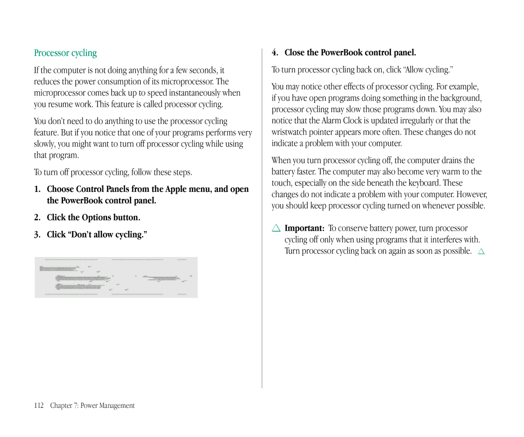 Apple 145B manual Processor cycling, To turn processor cycling back on, click Allow cycling 