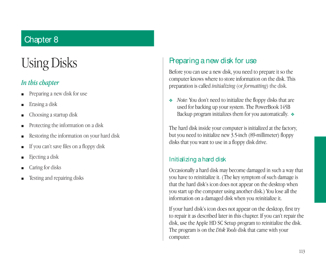 Apple 145B manual Preparing a new disk for use, Initializing a hard disk 