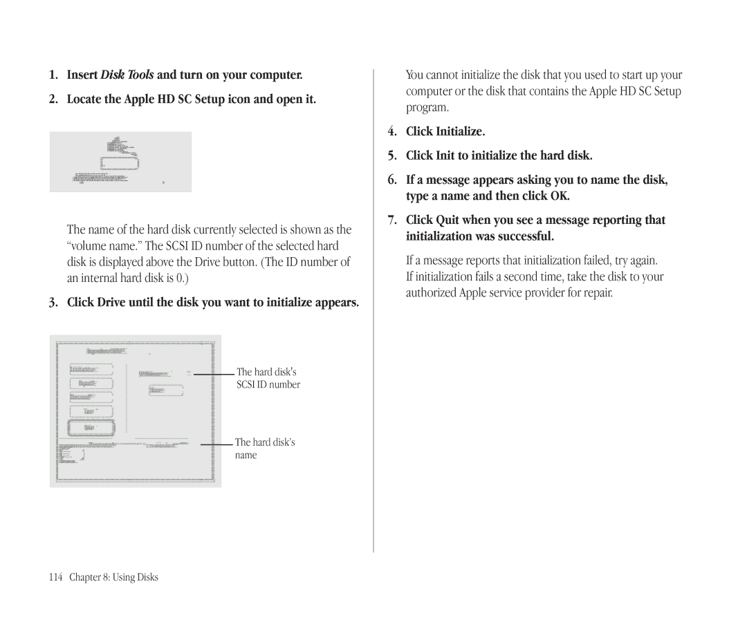 Apple 145B manual Click Initialize Click Init to initialize the hard disk, Name, Using Disks 