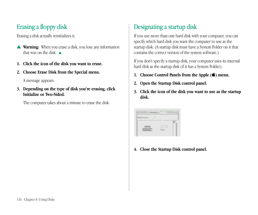 Apple 145B manual Erasing a floppy disk, Designating a startup disk, Click the icon of the disk you want to erase 