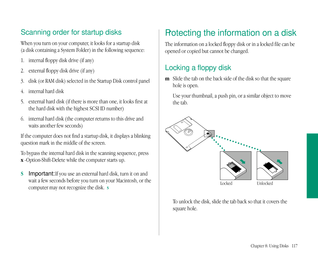 Apple 145B manual Protecting the information on a disk, Scanning order for startup disks, Locking a floppy disk 