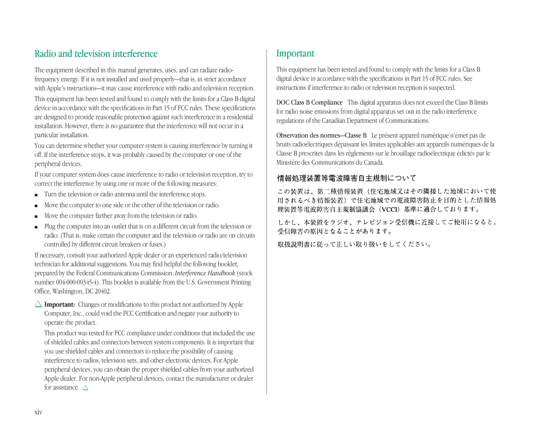 Apple 145B manual Radio and television interference, Xiv 