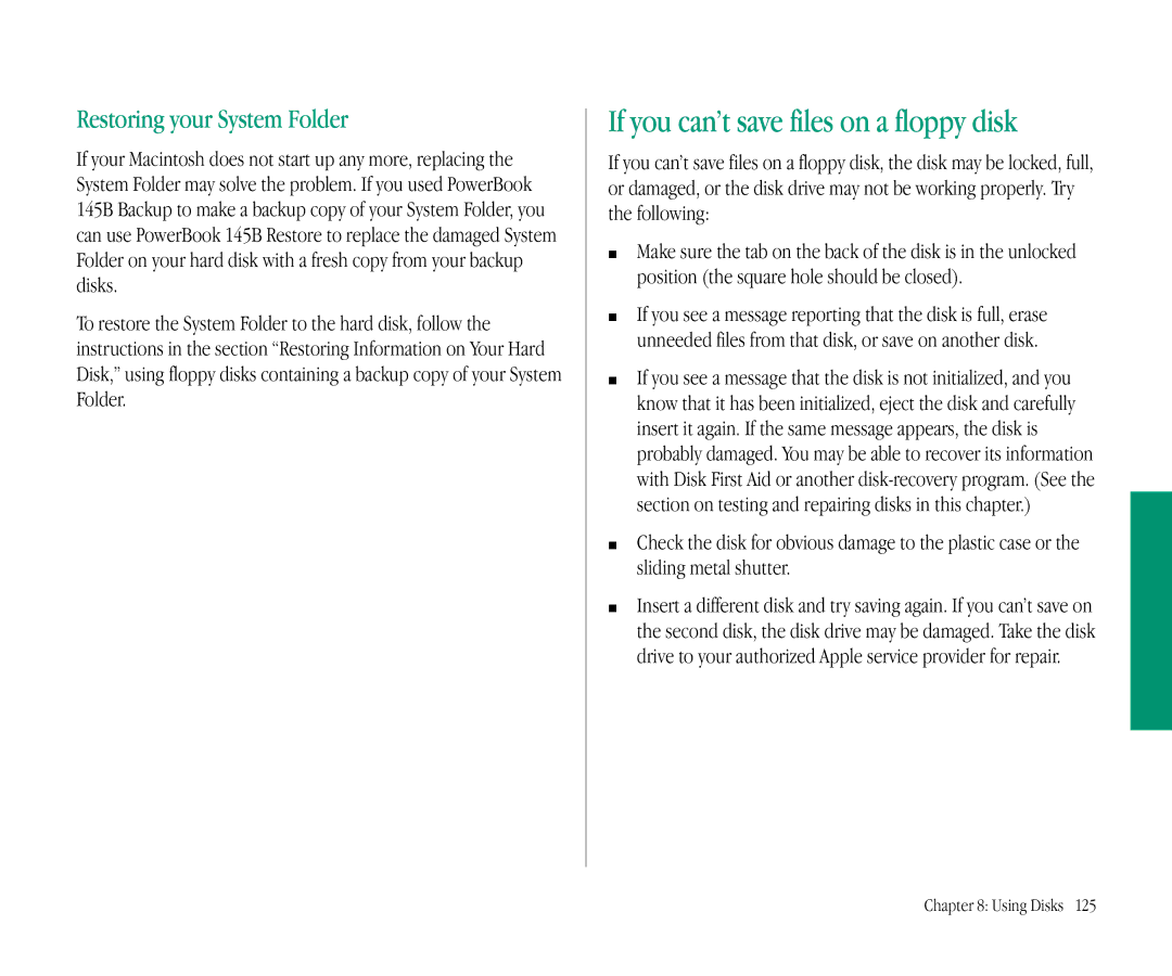 Apple 145B manual If you can’t save files on a floppy disk, Restoring your System Folder 