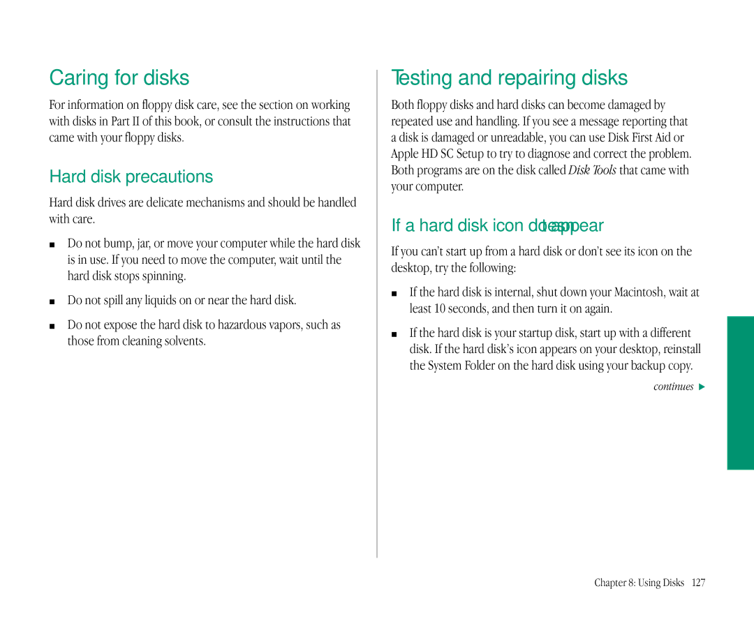 Apple 145B manual Caring for disks, Testing and repairing disks, Hard disk precautions, If a hard disk icon doesn’t appear 