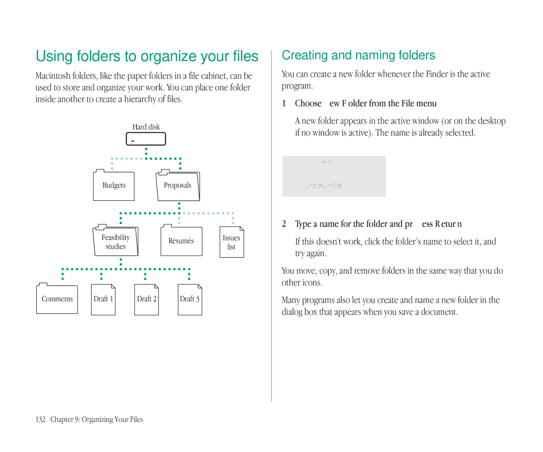 Apple 145B manual Using folders to organize your files, Creating and naming folders, Choose New Folder from the File menu 