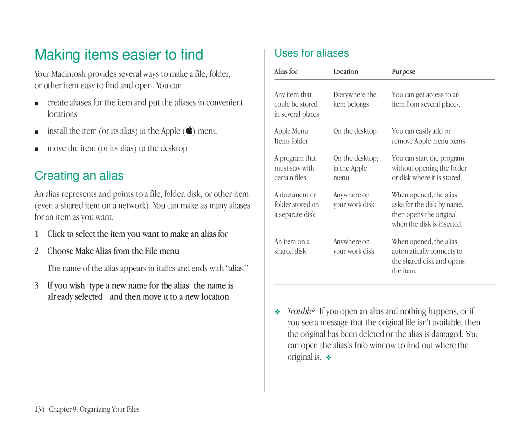 Apple 145B manual Making items easier to find, Creating an alias, Uses for aliases, Choose Make Alias from the File menu 