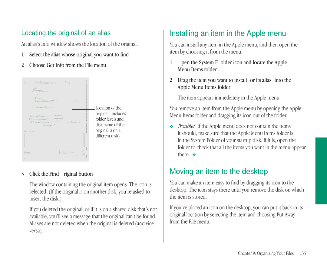 Apple 145B manual Installing an item in the Apple menu, Moving an item to the desktop, Locating the original of an alias 