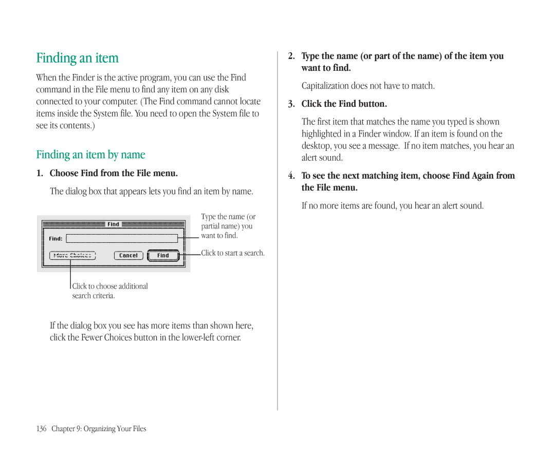 Apple 145B manual Finding an item by name, Choose Find from the File menu, Click the Find button 