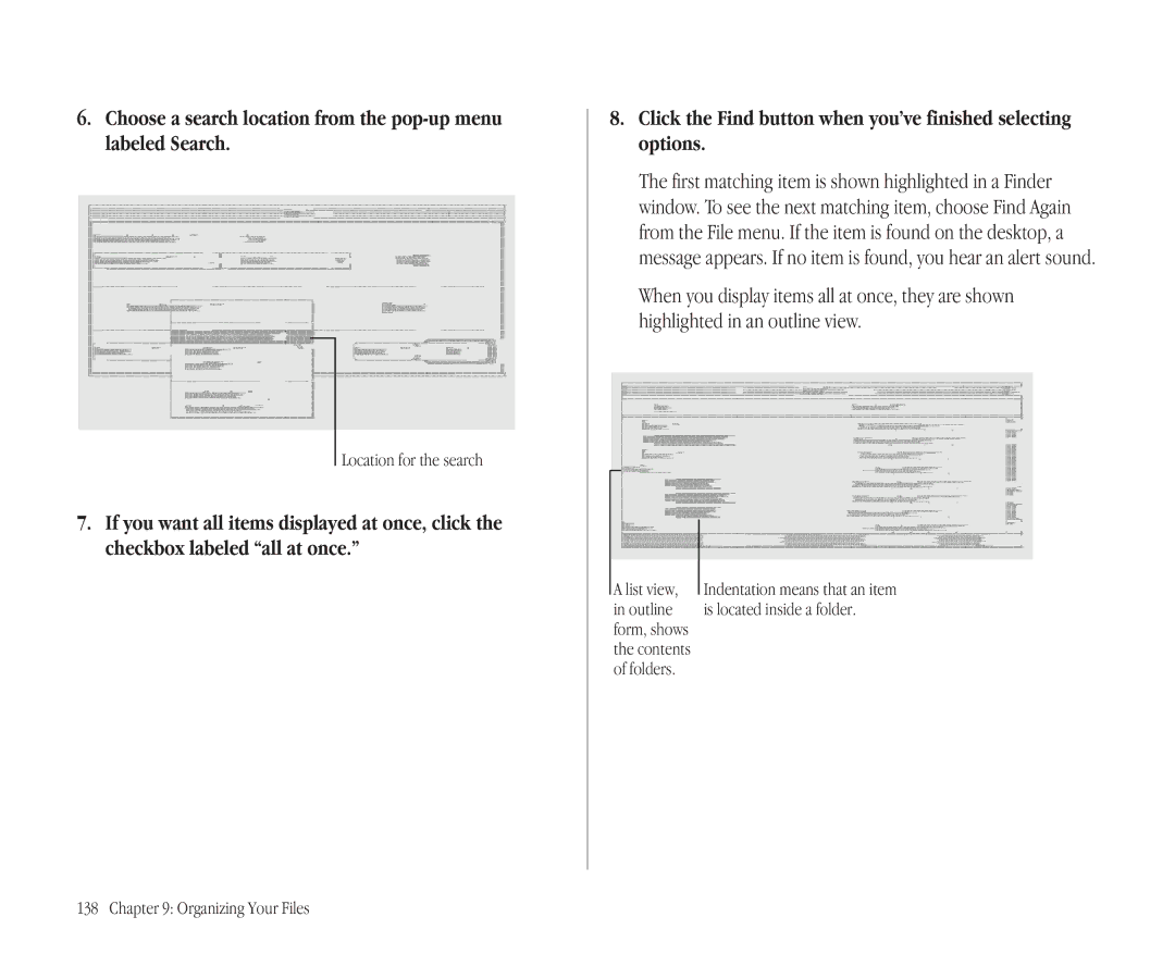 Apple 145B manual Location for the search, List view Indentation means that an item Outline 