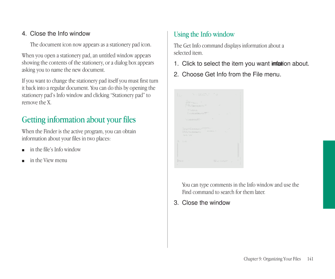 Apple 145B Getting information about your files, Using the Info window, File’s Info window View menu, Close the window 