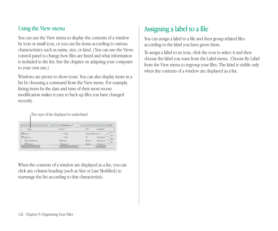 Apple 145B manual Assigning a label to a file, Using the View menu, Type of list displayed is underlined 