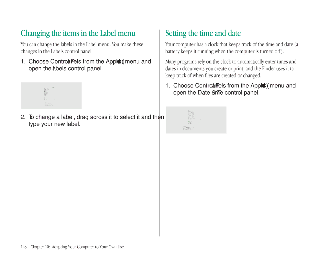 Apple 145B manual Setting the time and date, Changing the items in the Label menu 