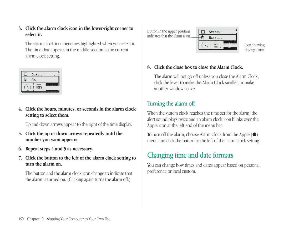 Apple 145B manual Changing time and date formats, Turning the alarm off 