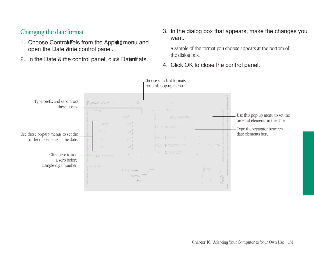 Apple 145B manual Changing the date format, Dialog box that appears, make the changes you want 