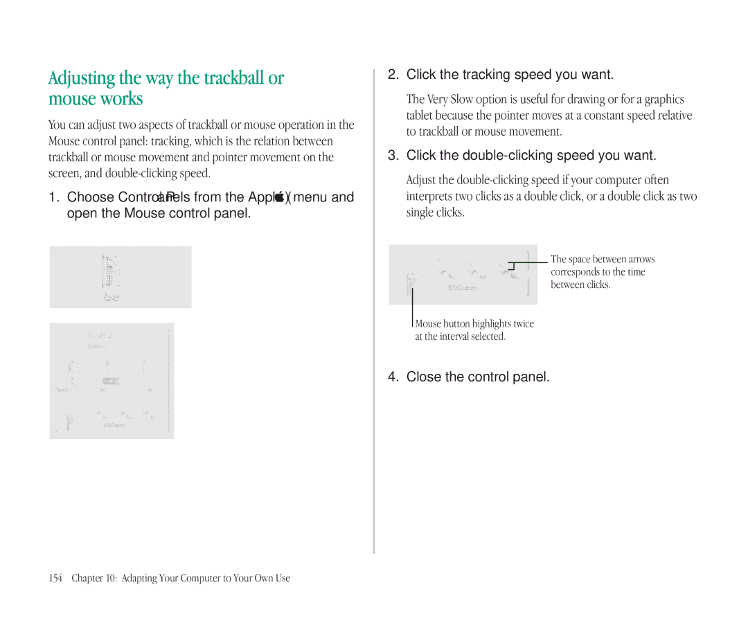 Apple 145B manual Adjusting the way the trackball or mouse works, Click the double-clicking speed you want 