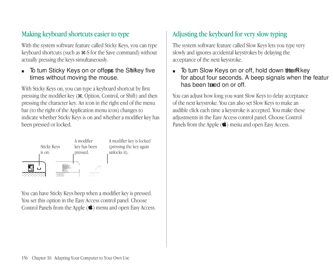 Apple 145B manual Making keyboard shortcuts easier to type, Adjusting the keyboard for very slow typing, Modifier 