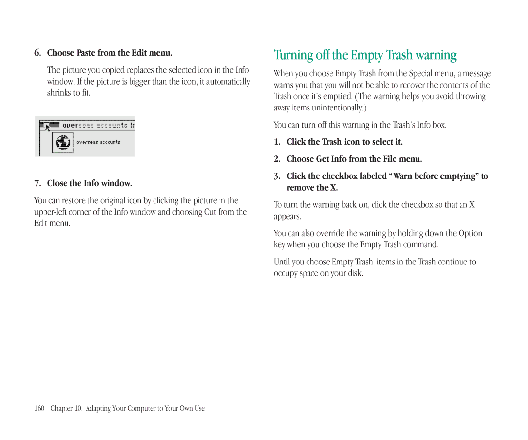 Apple 145B manual Turning off the Empty Trash warning, You can turn off this warning in the Trash’s Info box 