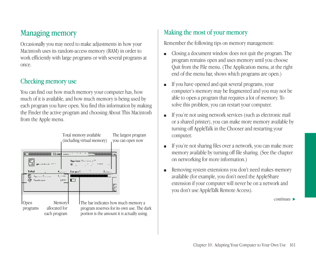 Apple 145B manual Managing memory, Checking memory use, Making the most of your memory 