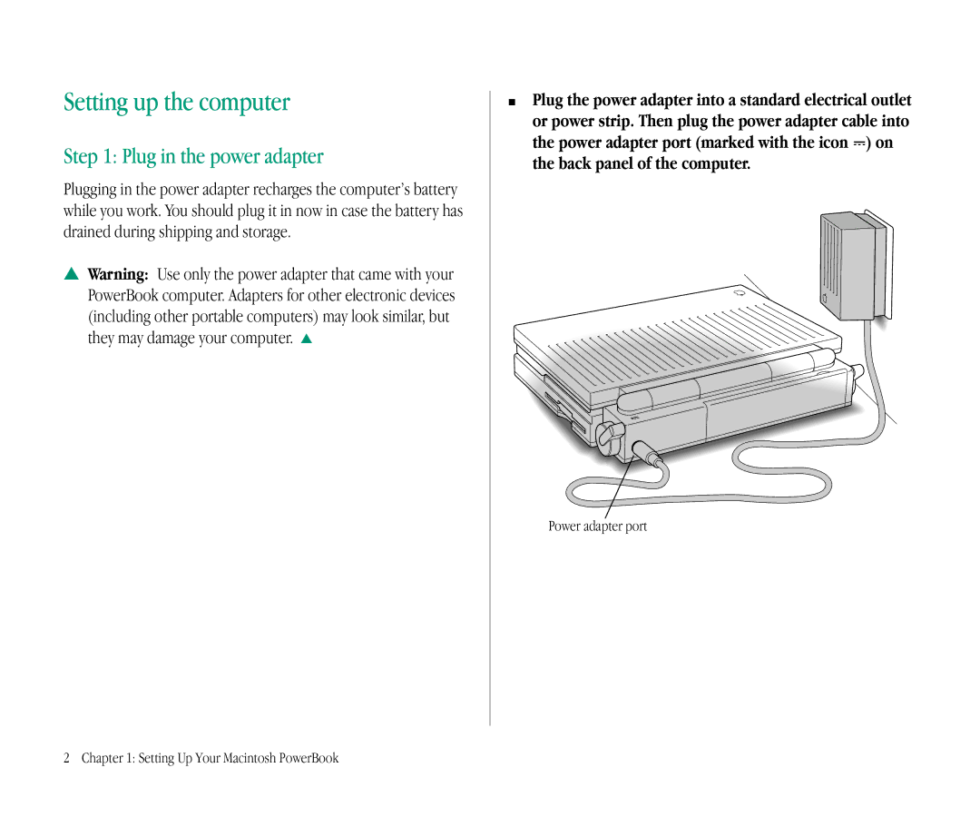 Apple 145B Setting up the computer, Plug in the power adapter, Power adapter port Setting Up Your Macintosh PowerBook 