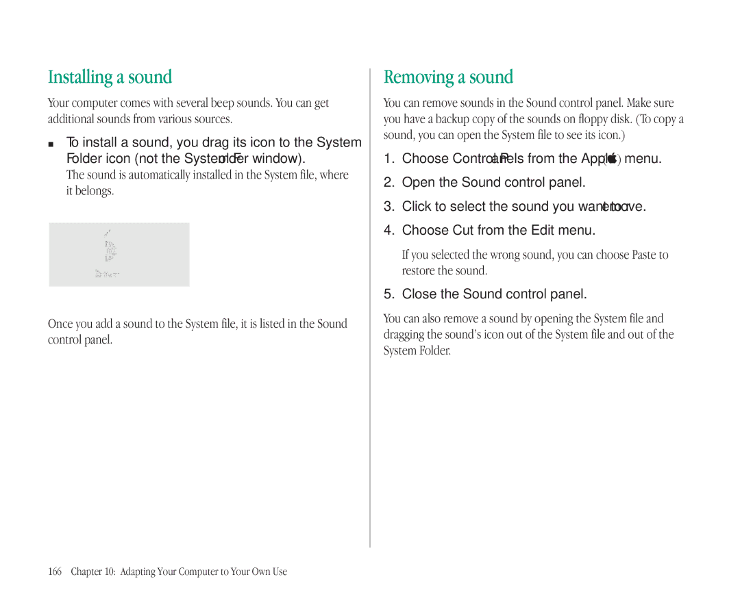 Apple 145B manual Installing a sound, Removing a sound 