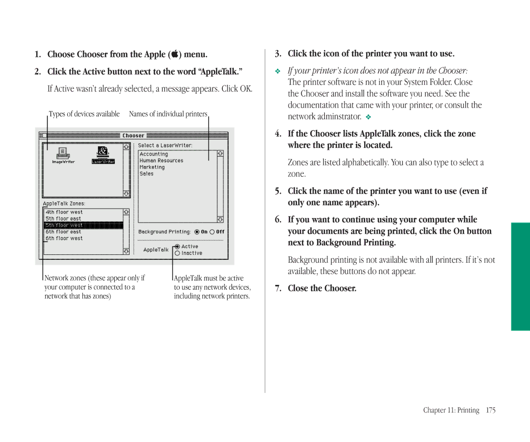 Apple 145B manual Choose Chooser from the Apple K menu, Click the icon of the printer you want to use, Close the Chooser 