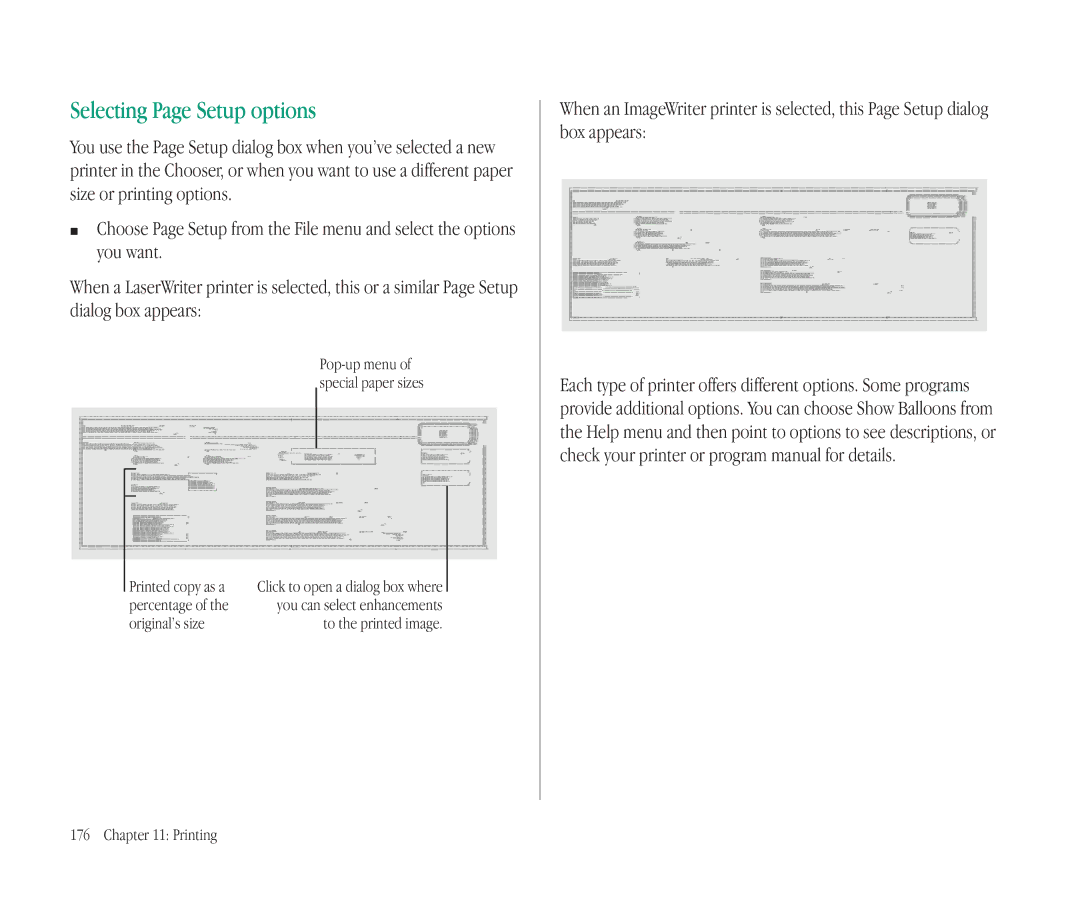 Apple 145B manual Selecting Page Setup options, Printed copy as a, Percentage Select enhancements Original’s hsize 