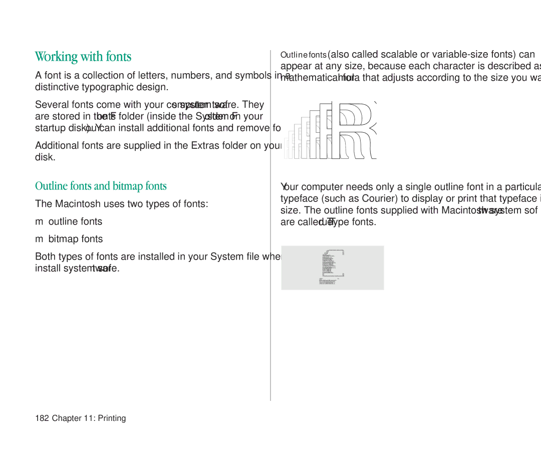 Apple 145B manual Working with fonts, Outline fonts and bitmap fonts 