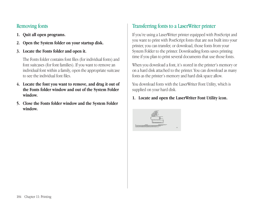 Apple 145B Removing fonts, Transferring fonts to a LaserWriter printer, Locate and open the LaserWriter Font Utility icon 