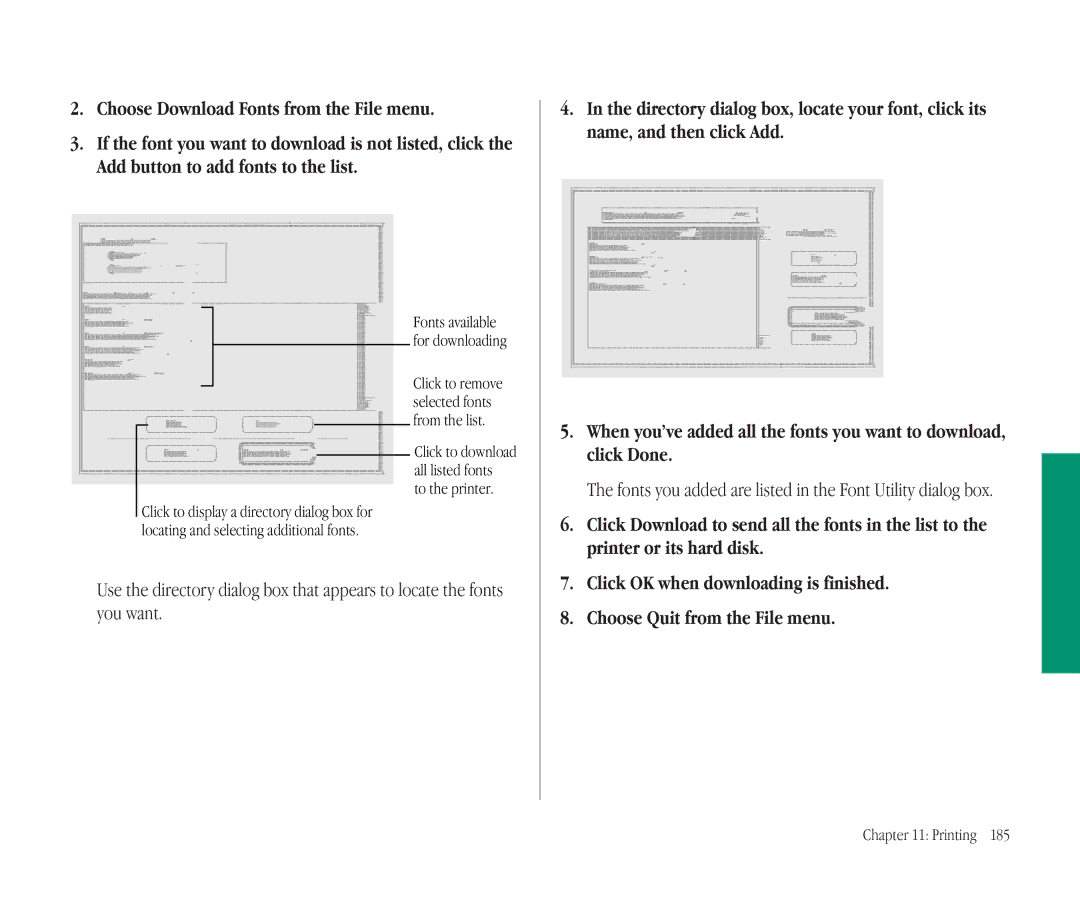 Apple 145B manual Choose Download Fonts from the File menu, Click Done, Printer or its hard disk, To the printer 