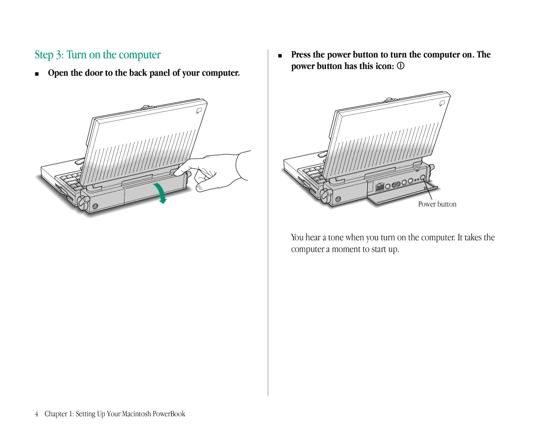 Apple 145B manual Turn on the computer, Power button 