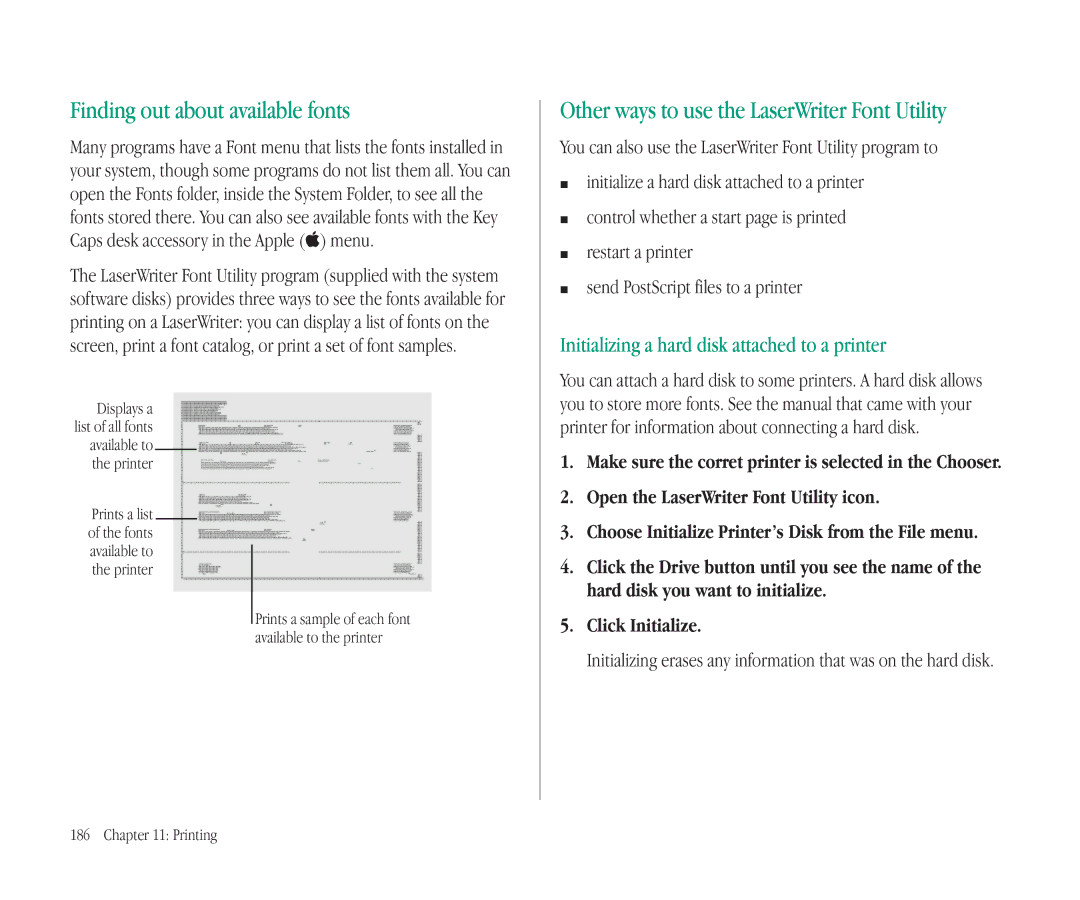 Apple 145B manual Finding out about available fonts, Other ways to use the LaserWriter Font Utility, Click Initialize 