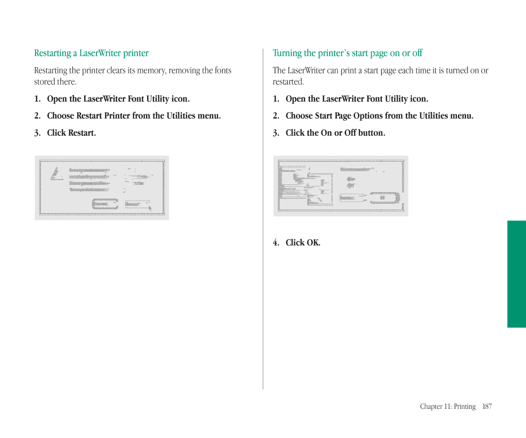 Apple 145B manual Restarting a LaserWriter printer, Turning the printer’s start page on or off 