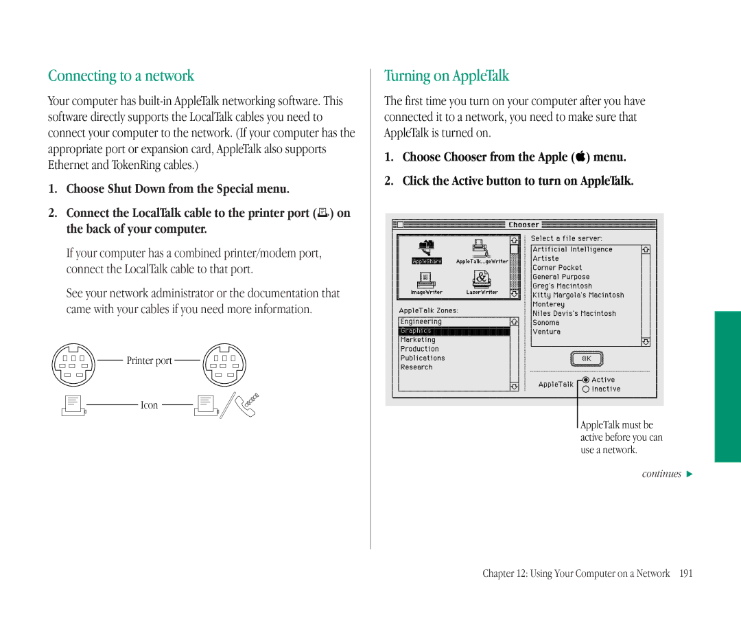 Apple 145B manual Connecting to a network, Turning on AppleTalk, Printer port Icon 