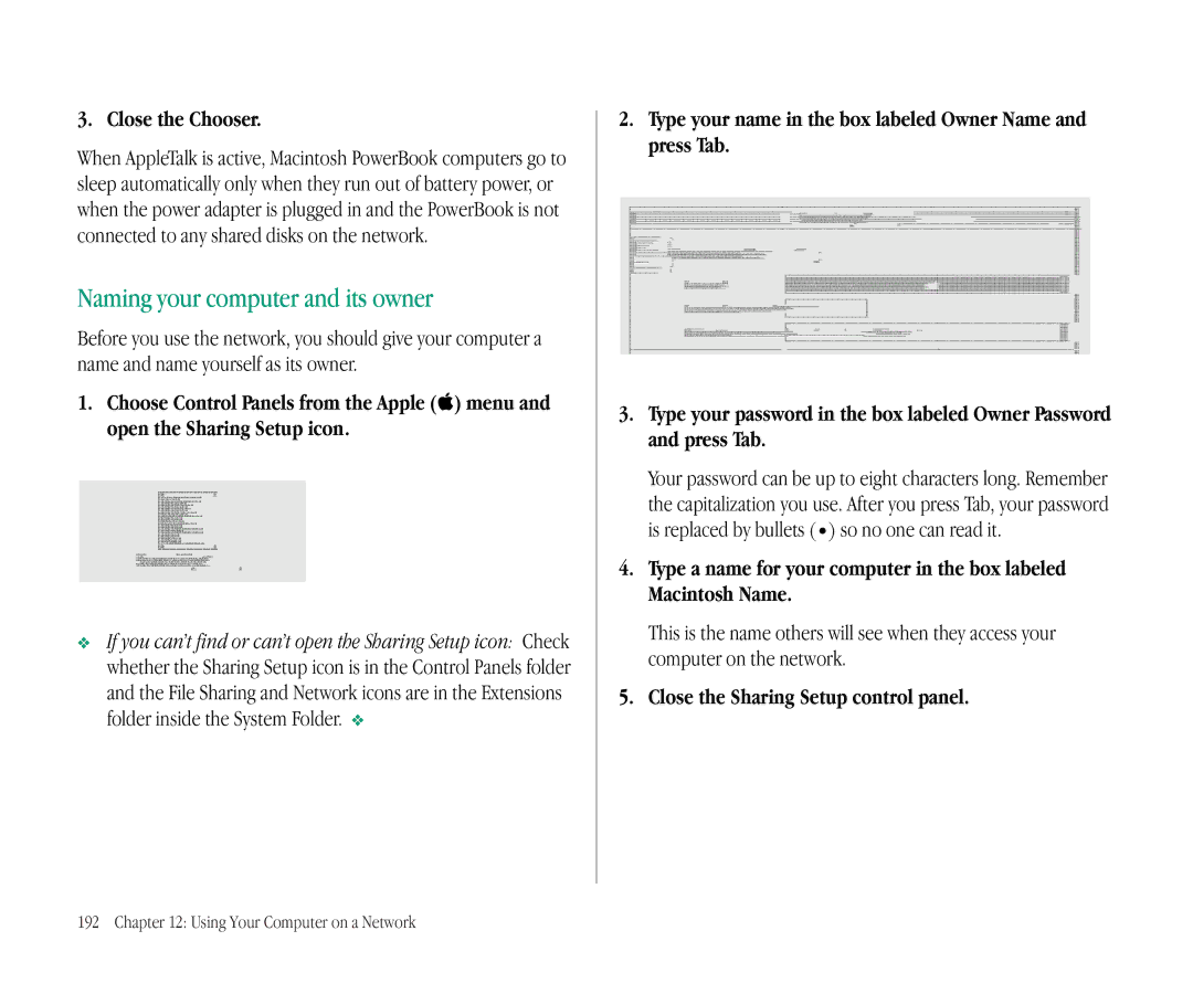 Apple 145B manual Naming your computer and its owner, Close the Sharing Setup control panel 