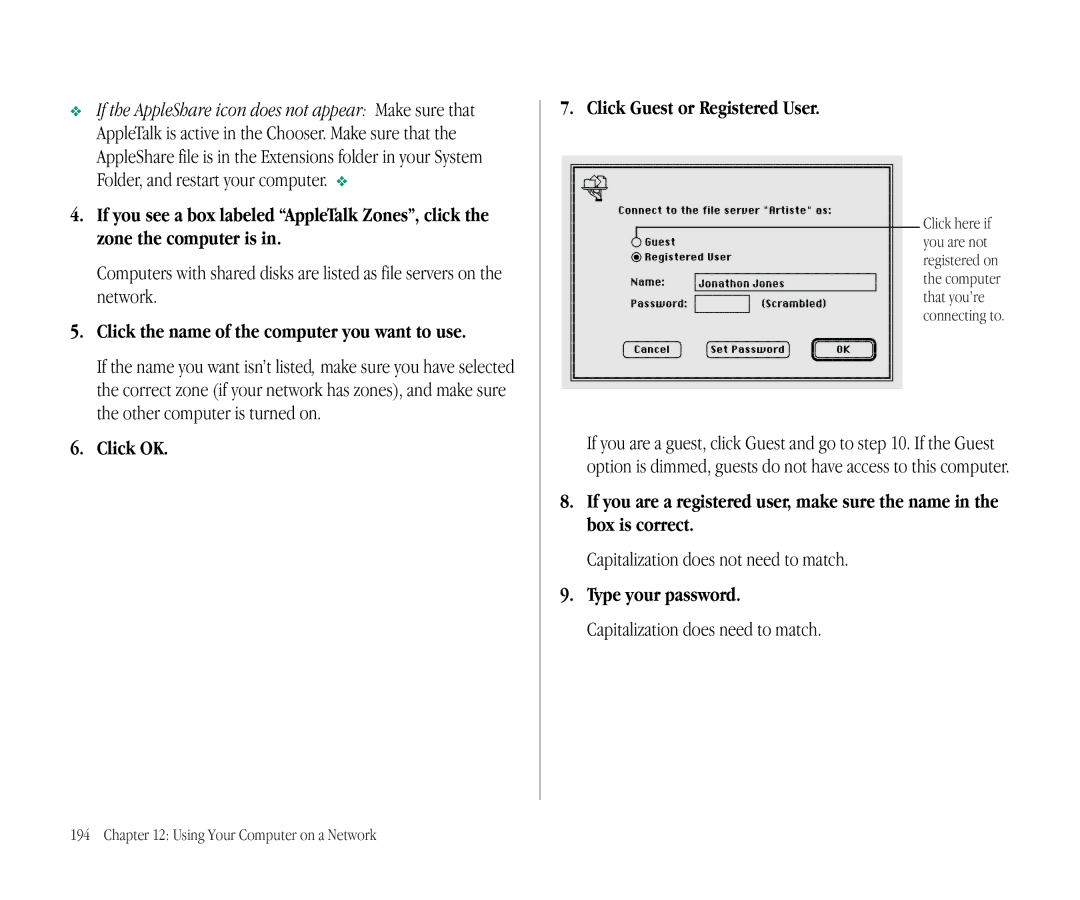 Apple 145B manual Click the name of the computer you want to use, Click OK Click Guest or Registered User, You are not 